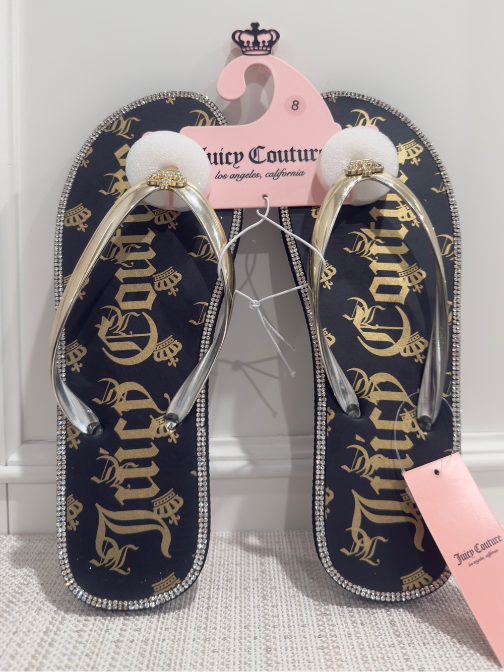 👑 SOLD - Juicy Couture Shamrock Black & Gold Rhinestone Flip Flop Sandals